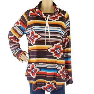 Southwestern Aztec Drawstring Turtleneck Pullover Women's Large Long Sleeve